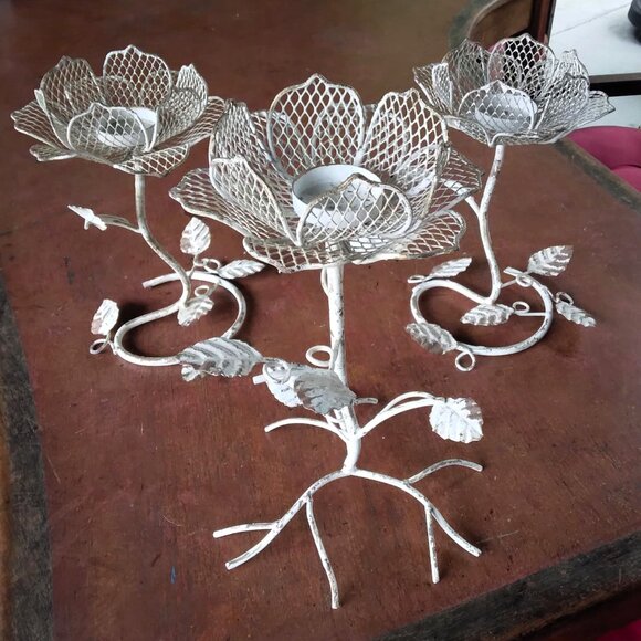 Set of 3 Weathered Rustic Cottage Shabby Chic Metal Flower Votive Candle Holders - Picture 1 of 12
